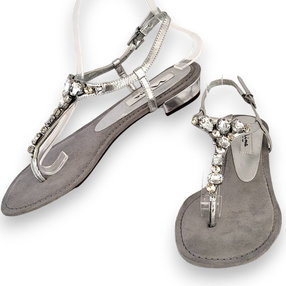 Nina Metallic Silver Crystal Gem Bling Thong Slingback Flat sandel US8 - Picture 4 of 10